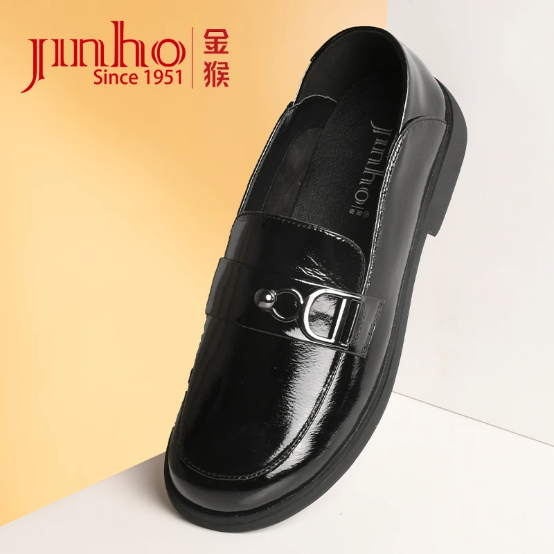 Jinho/金猴女士圆头乐福鞋黑色时尚百搭真皮软底女鞋150180A/C