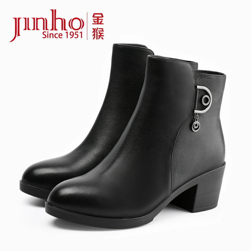 Jinho/金猴时尚真皮加绒冬季舒适百搭保暖女士粗跟短靴450740A