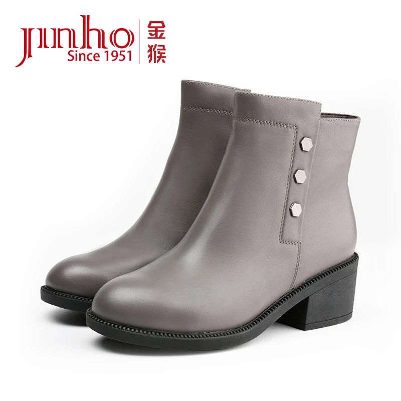 Jinho/金猴真皮秋冬时装百搭女士短筒英伦风及踝短靴450368A&C
