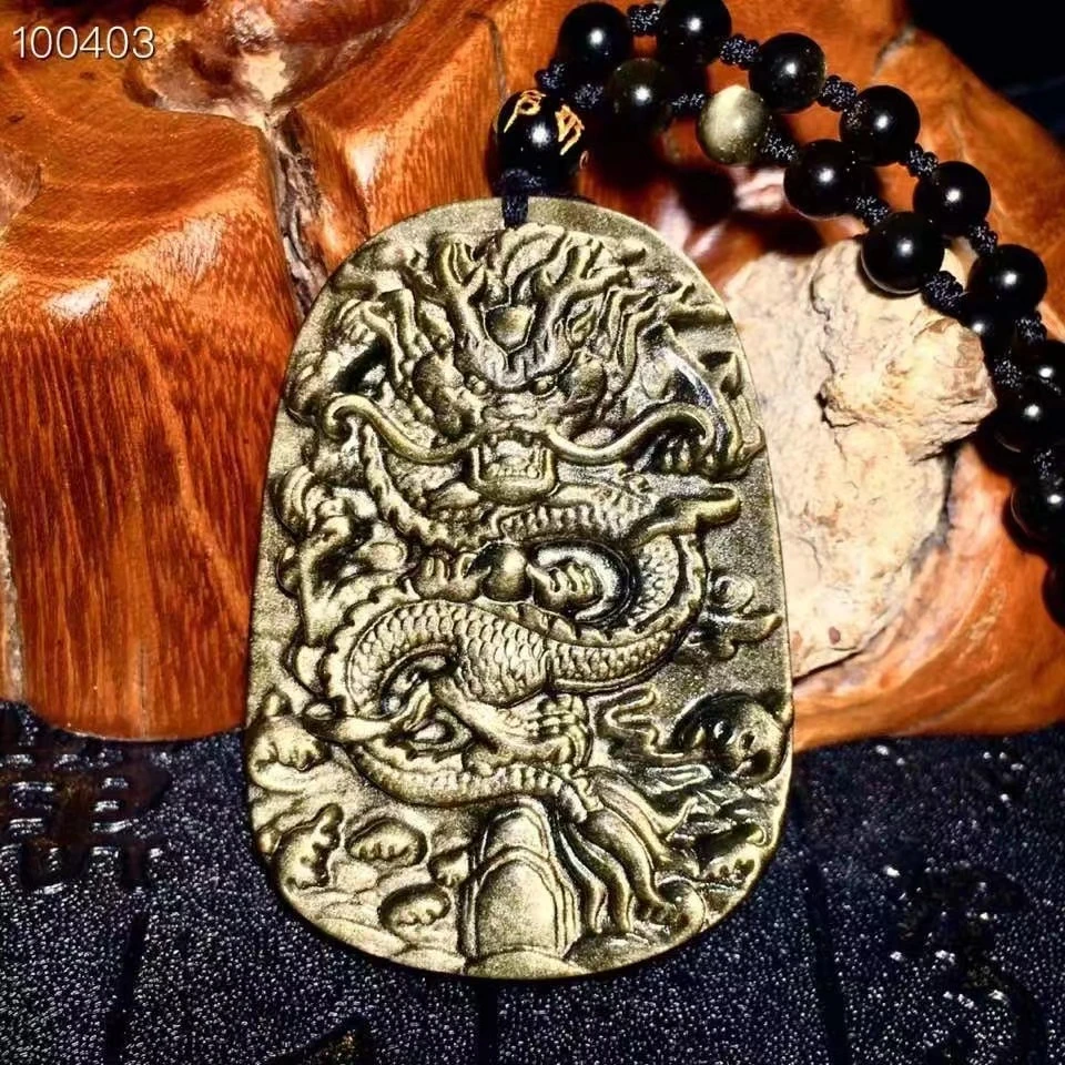 天然高货金、银曜石黑曜石龙牌吊坠男女同款龙牌挂件抖音基地发货