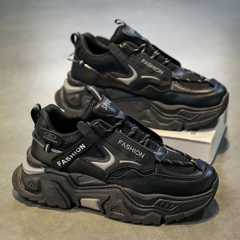 秋季男鞋新款透气网面小白鞋潮流百搭男士黑色运动鞋休闲老爹潮鞋