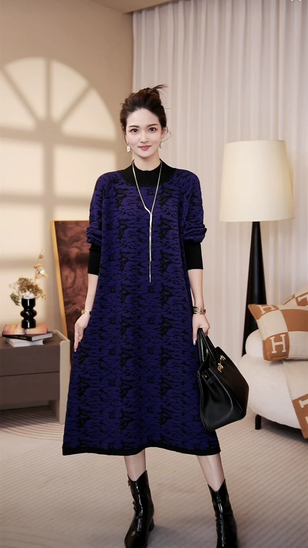 高端品质[紫烟波]秋冬高档时尚长款毛衣显瘦洋气连衣裙-6626#