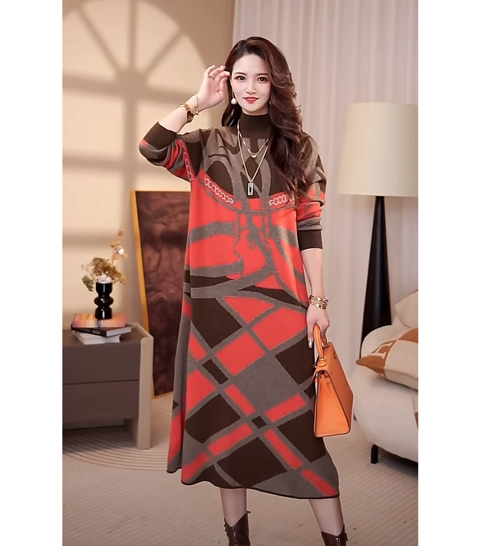 高端品质【永恒之巅】秋冬季轻奢时尚毛衣洋气打底宽松连衣裙-7010#