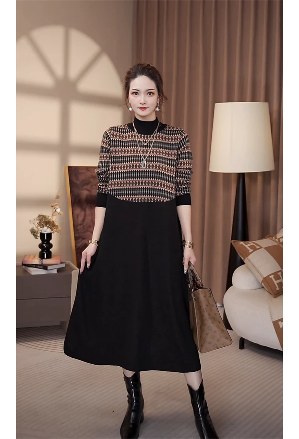 高端品质【女主角】秋冬高档时尚长款毛衣显瘦洋气保暖连衣裙-3336#