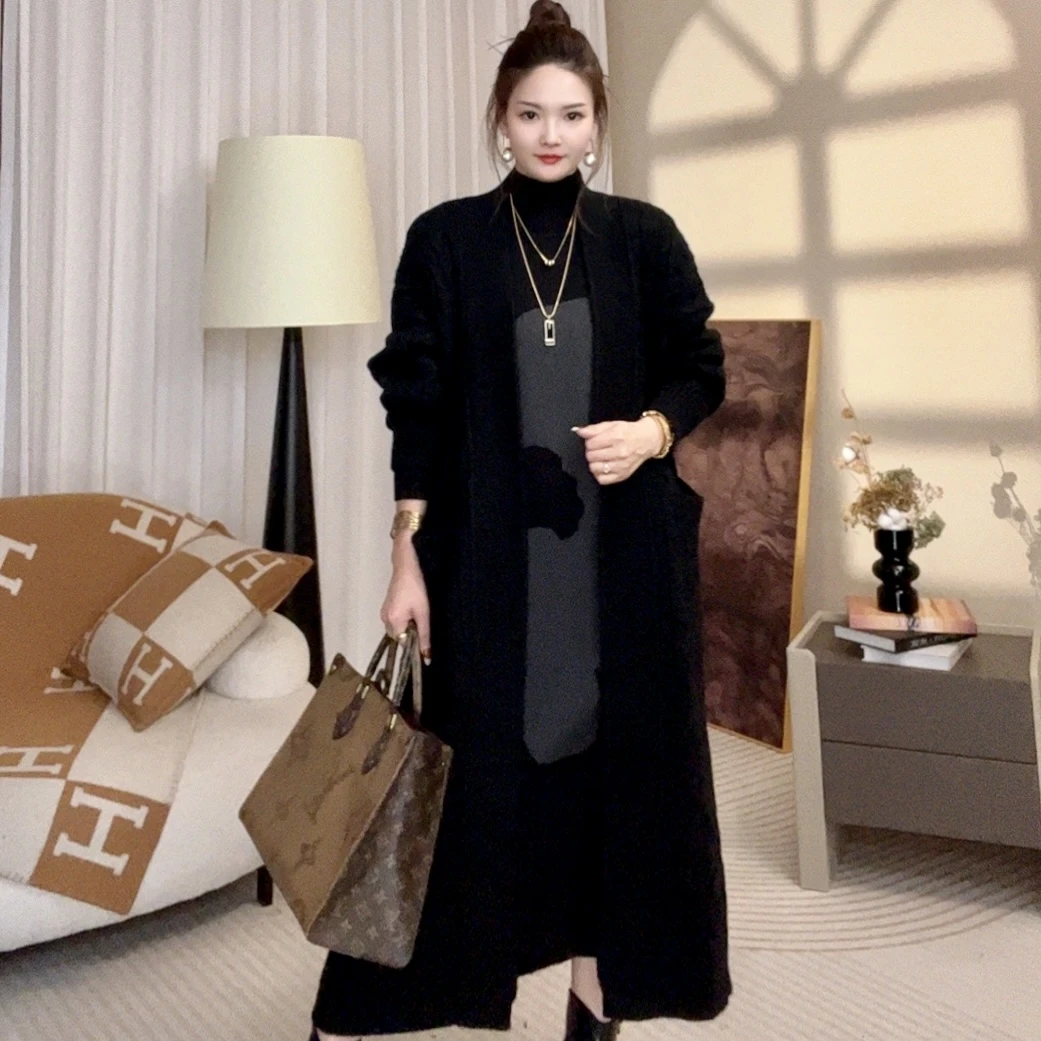 高端品质【黑魔法】冬季纯黑色显瘦百搭长款秋冬毛衣外披外套-6329#