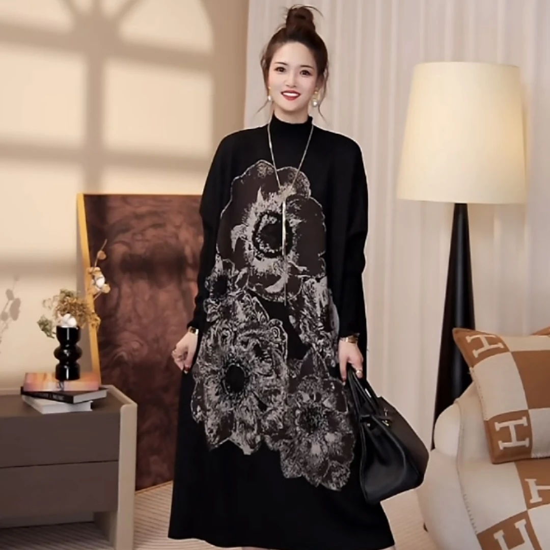 高端品质【衣冠楚楚】冬季黑色显瘦保暖秋冬毛衣打底连衣裙-6212#