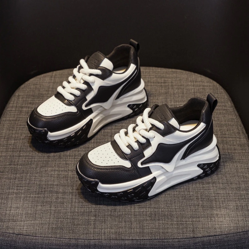 真皮厚底老爹鞋女ins潮2025新款秋冬加绒小个子内增高休闲运动鞋