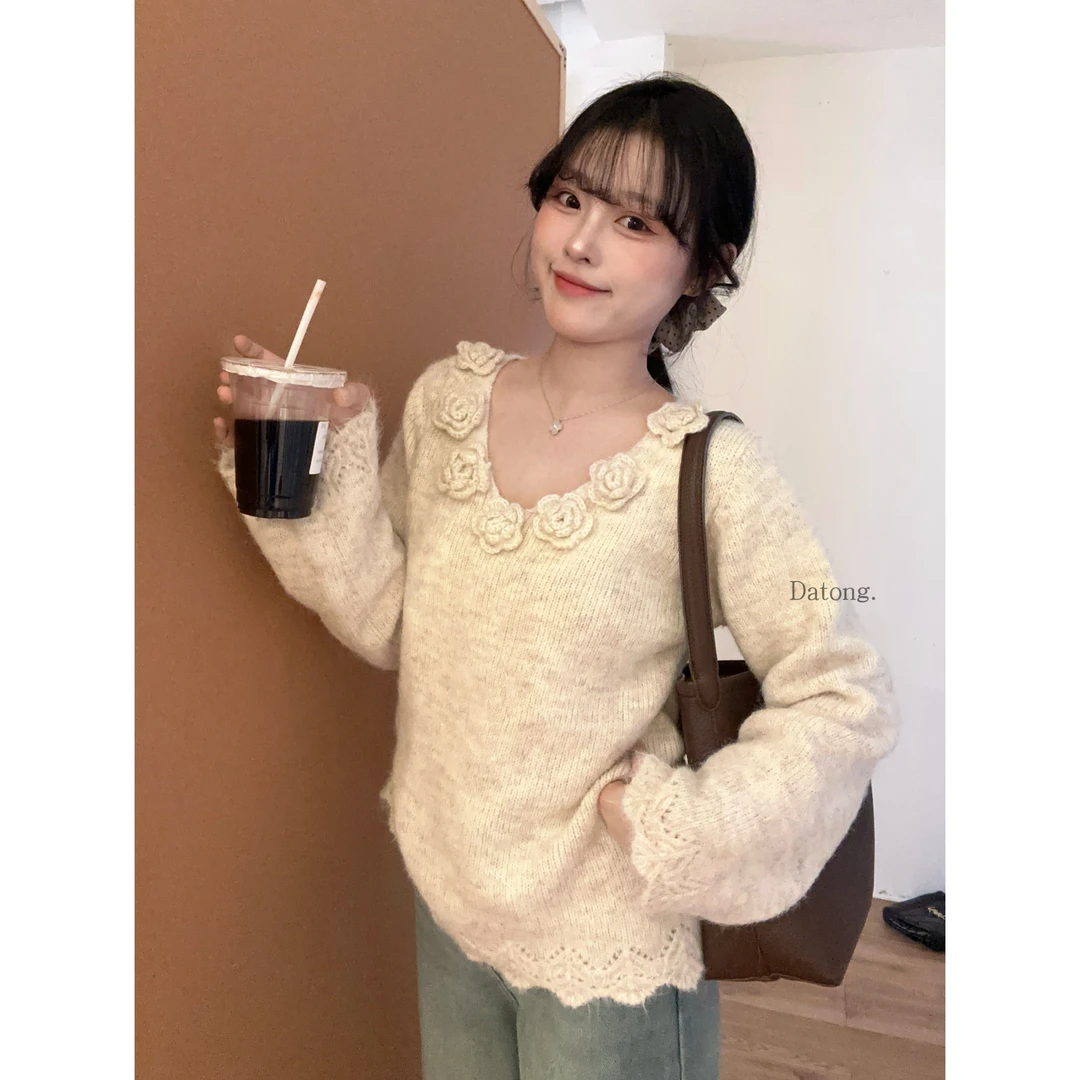 【Datong】秋冬山茶花百搭毛衣甜美宽松显瘦针织上衣