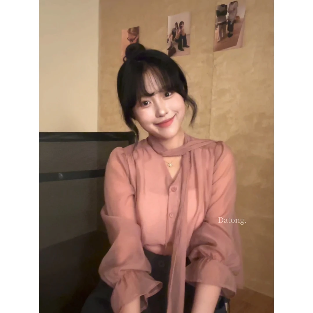 【Datong】法式系带蝴蝶结衬衫女宽松显瘦立领雪纺衫