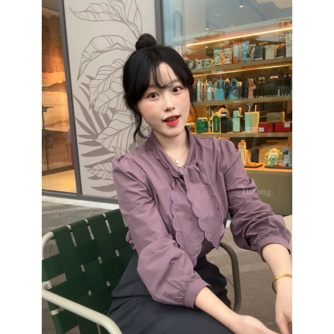 【Datong】秋季韩版休闲宽松显瘦上衣设计感绑带长袖衬衫
