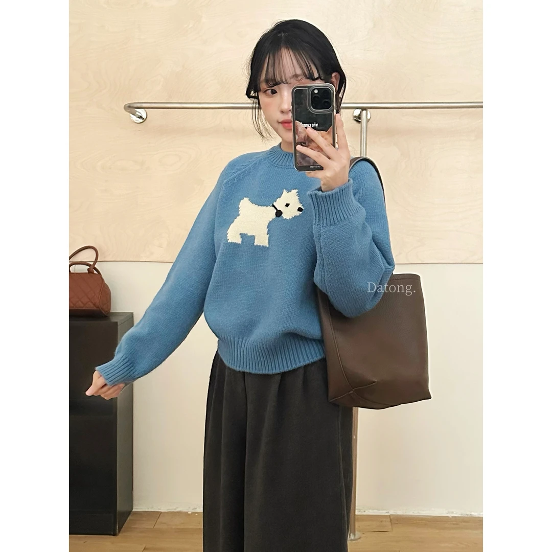 【Datong】慵懒风提花套头卡通小狗毛衣女秋冬宽松针织衫毛衣9077