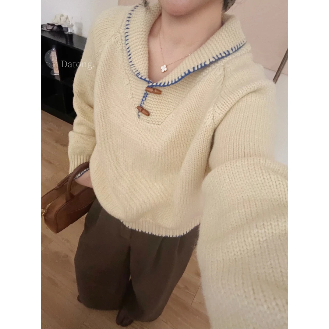 【Datong】秋冬设计感小众穿绳翻领牛角扣宽松外穿软糯毛衣9071