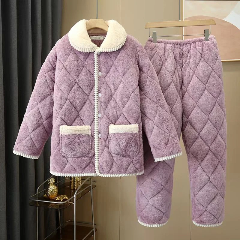女士冬季法兰绒睡衣三层夹棉加绒加厚珊瑚绒棉衣袄家居服