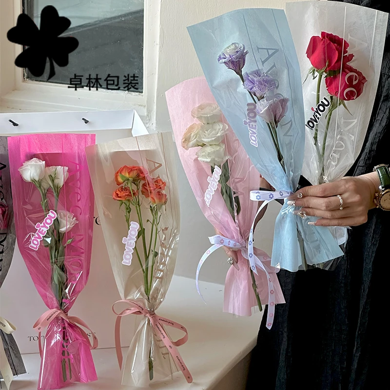 卓林英文时尚直筒单支玫瑰包装袋手工diy花束单支袋花店用品资材