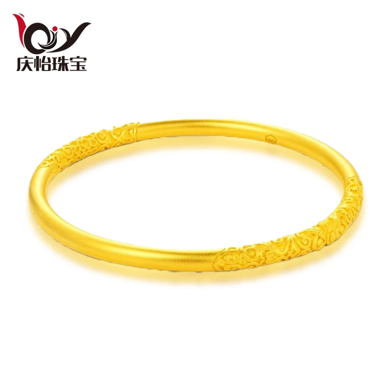 9999足金卷草纹古法实心黄金手镯女紫荆花复古素圈手环传承婚嫁款