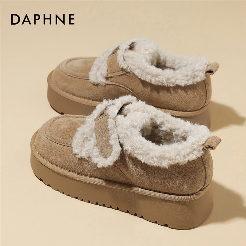 达芙妮真皮雪地靴冬款女鞋2024新款冬季加绒保暖魔术贴二棉鞋厚底