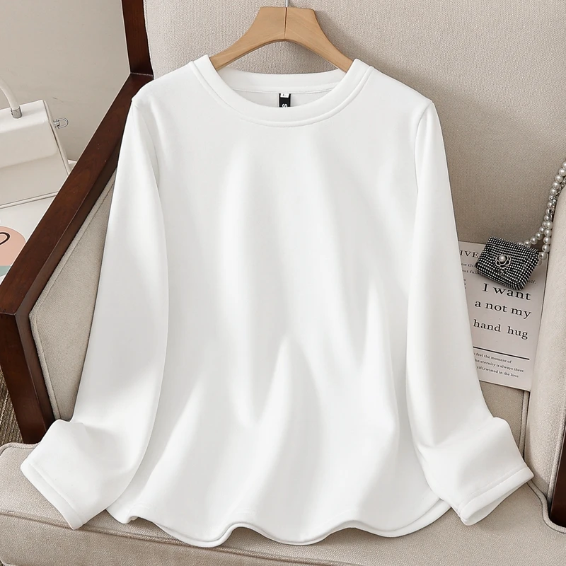 纯棉休闲宽松大码长袖t恤卫衣女春秋冬装新款圆领加绒打底衫外穿