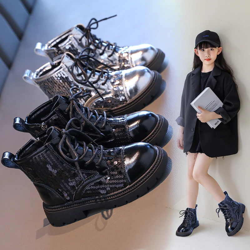 儿童马丁靴女童秋款单靴2024新款英伦百搭短靴中大童亮片时尚皮靴