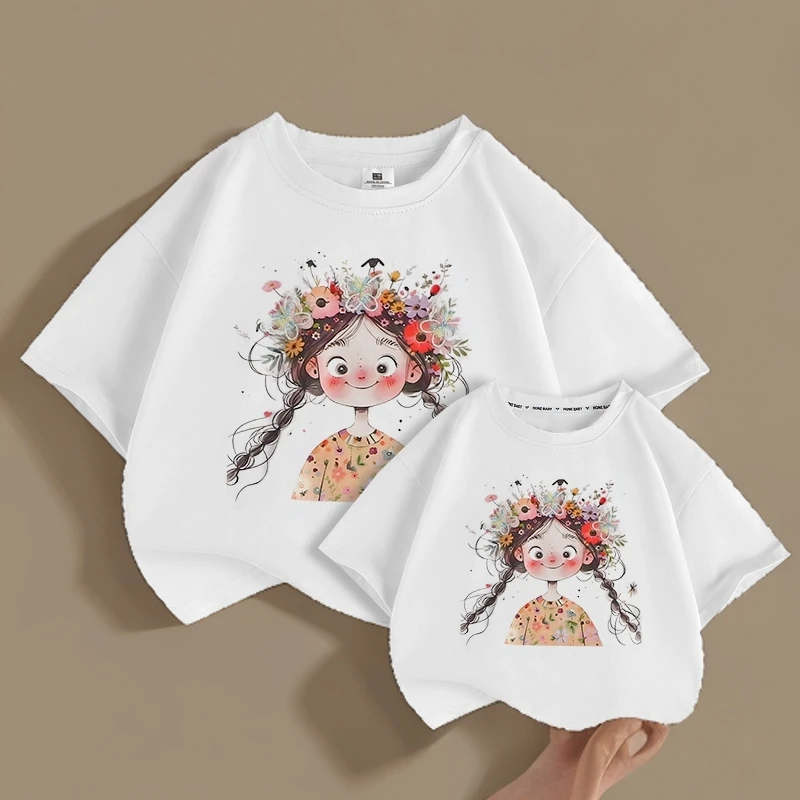 女童短袖2024新款童装女宝宝夏季韩系百搭圆领上衣卡通T恤白T休闲
