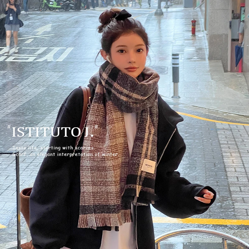 ISTITUTO J秋冬韩版网红双面百搭情侣加厚学生ins格子保暖围巾