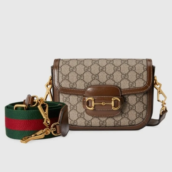 全新未使用 GUCCI/古驰 复古金扣老花Logo条纹织带 马鞍单肩包