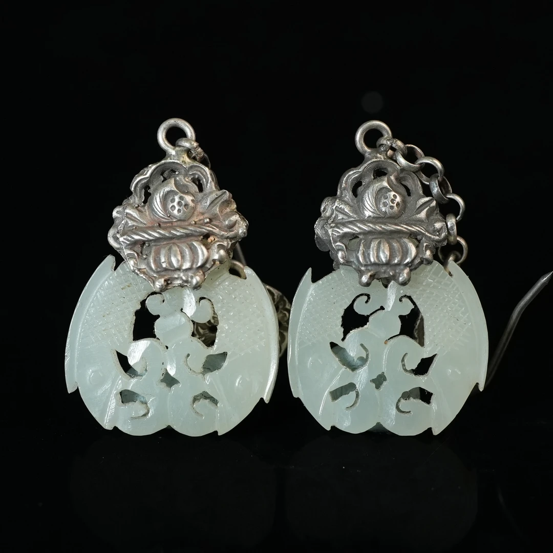 清代和田白玉双鱼镂空耳坠【华豫之门】ALF2410301066