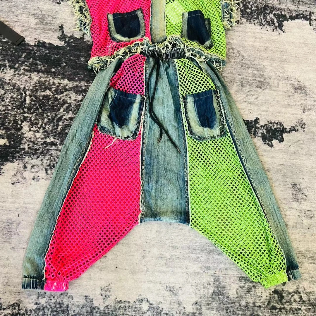 撞色渔网拼牛仔大哈裤