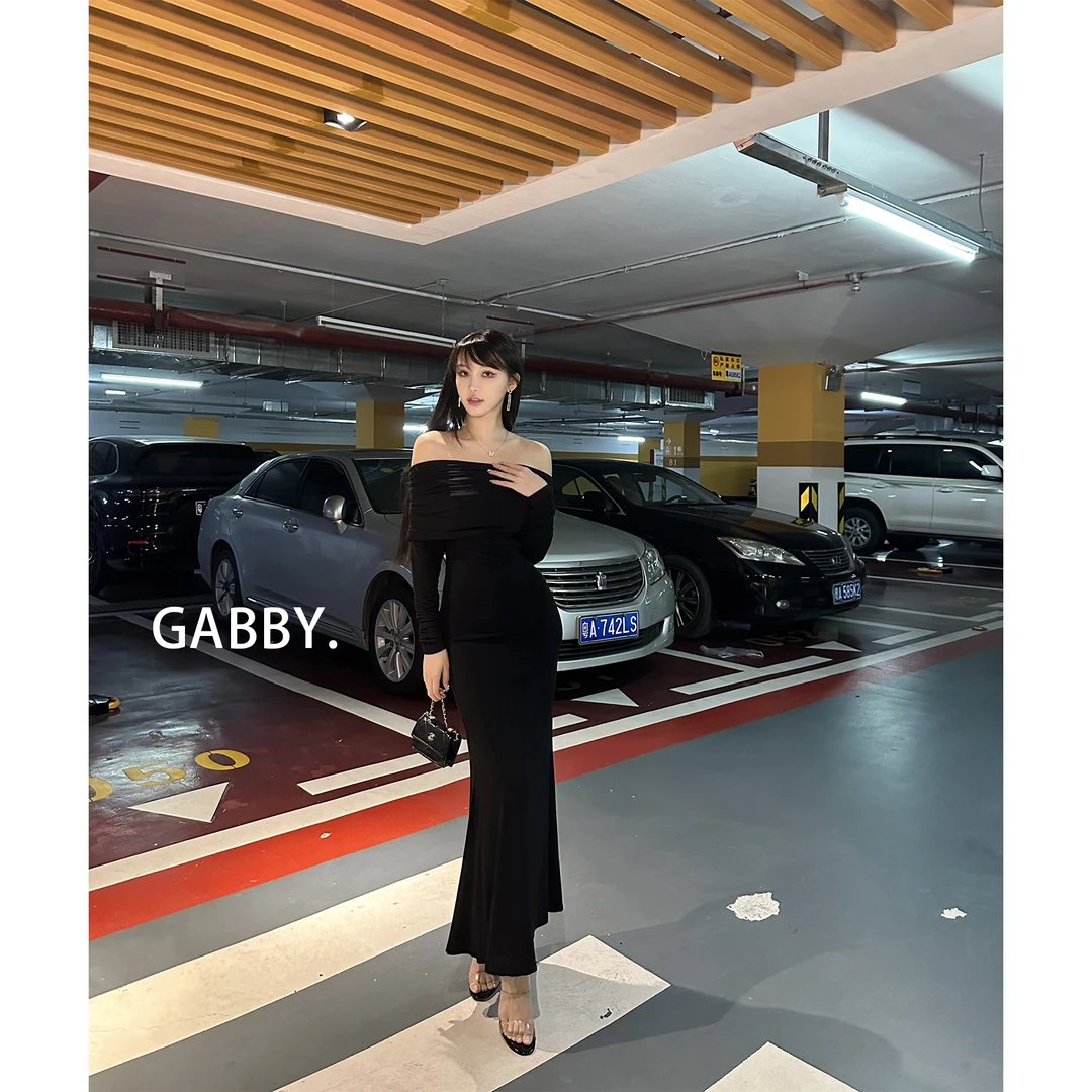 【大促秒杀款】GABBY一字肩露锁骨修身气质长袖连衣裙A2338