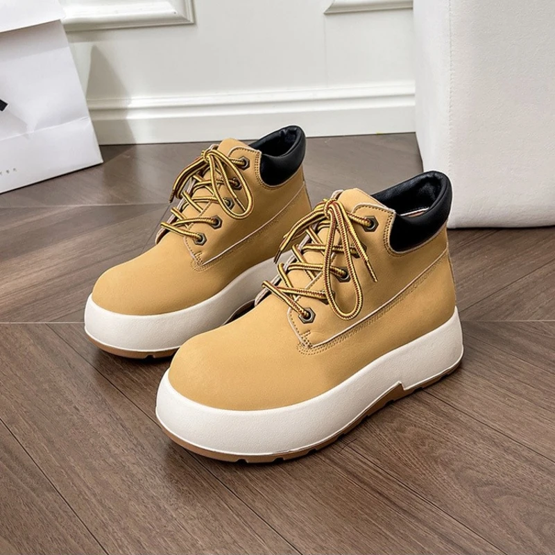 牛皮版~英伦风厚底大黄靴女内增高短靴秋冬男女同款系带马丁靴