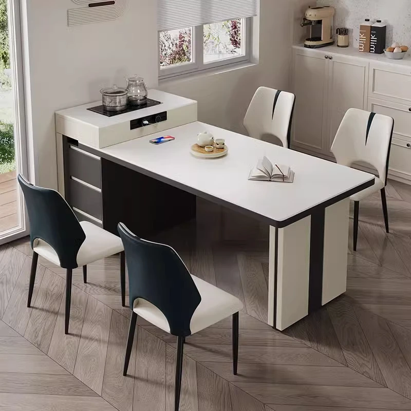 实木长方形岛台餐桌法式家用小户型伸缩一体高端复古岩板岛台餐桌