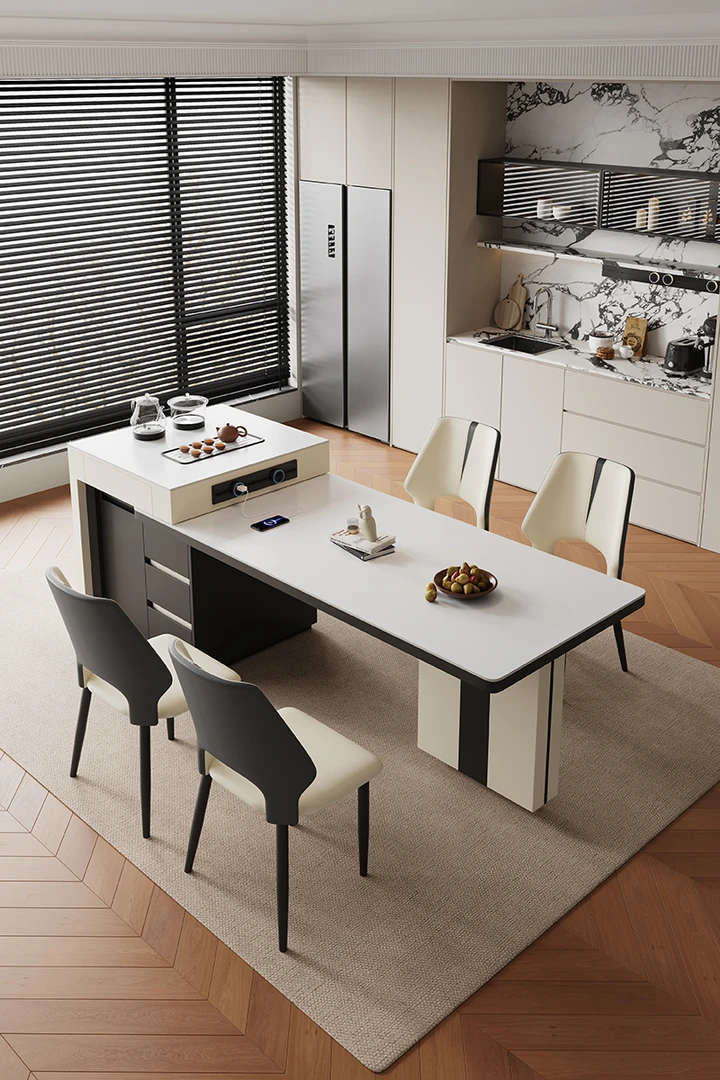 全实木岛台餐桌一体岩板家用岛台餐桌泡茶桌家用餐桌轻奢长方形