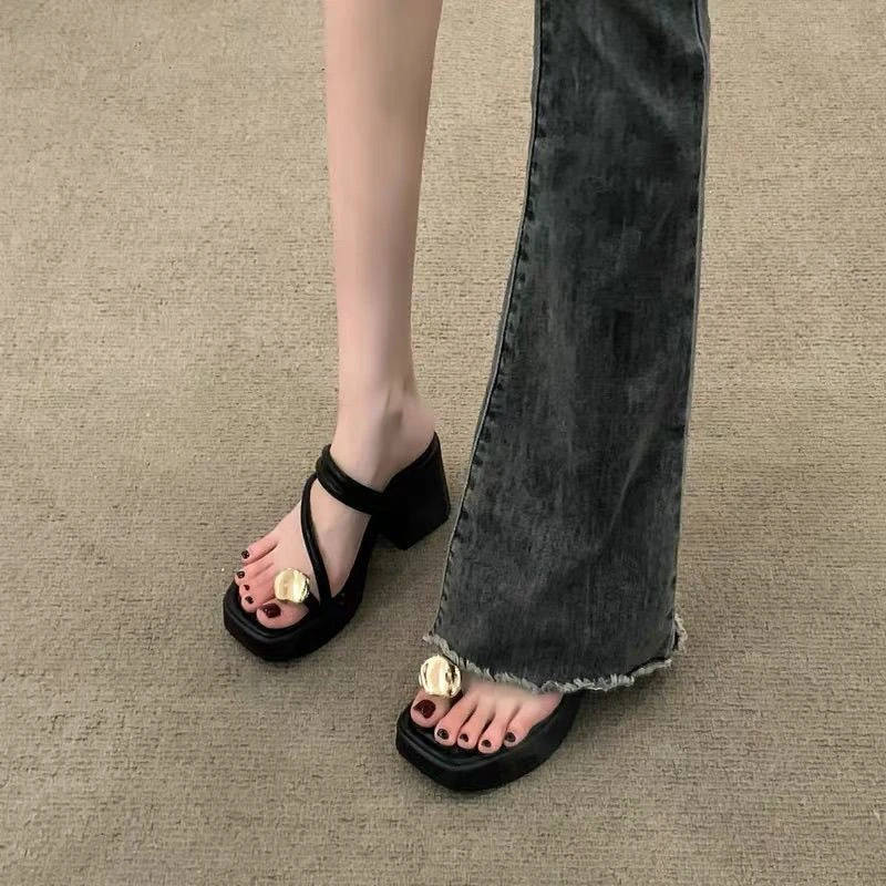 粗跟拖鞋女2025新款夏季外穿法式绝美增高厚底松糕小个子高跟凉鞋