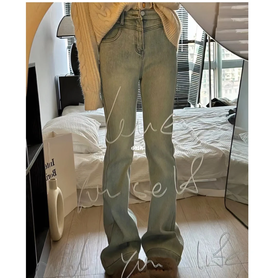 复古怀旧蓝高腰微喇叭牛仔裤女设计感2023年秋冬新款显瘦拖地潮裤