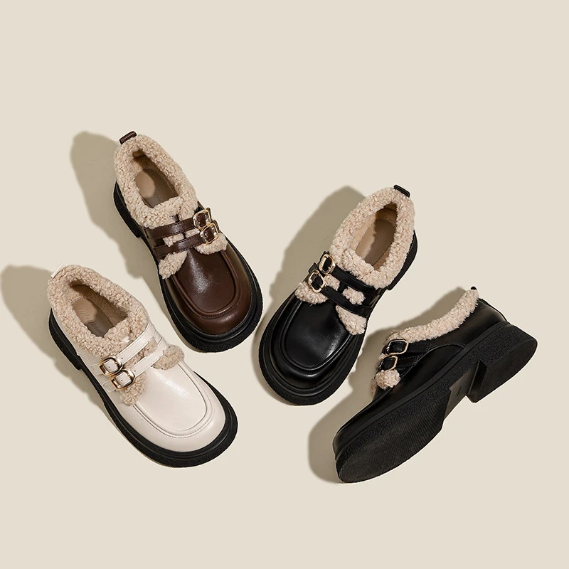 黑色乐福鞋女2025秋冬新款厚底加绒保暖棉鞋复古单鞋英伦风小皮鞋