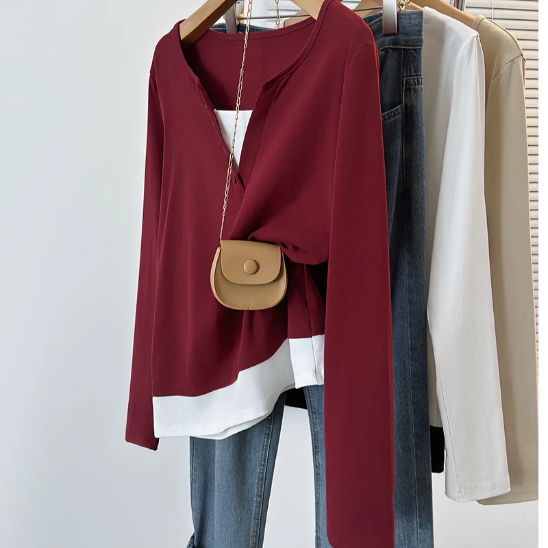 安哥拉红哺乳装春秋外出辣妈款假两件长袖打底秋季喂奶上衣月子服