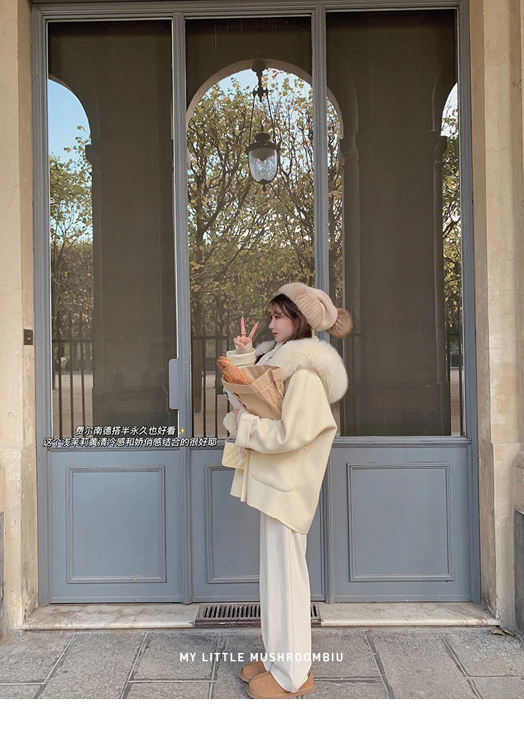 金蘑菇菇 très douce费尔南德 /10羊绒狐狸毛毛领短款双面呢外套