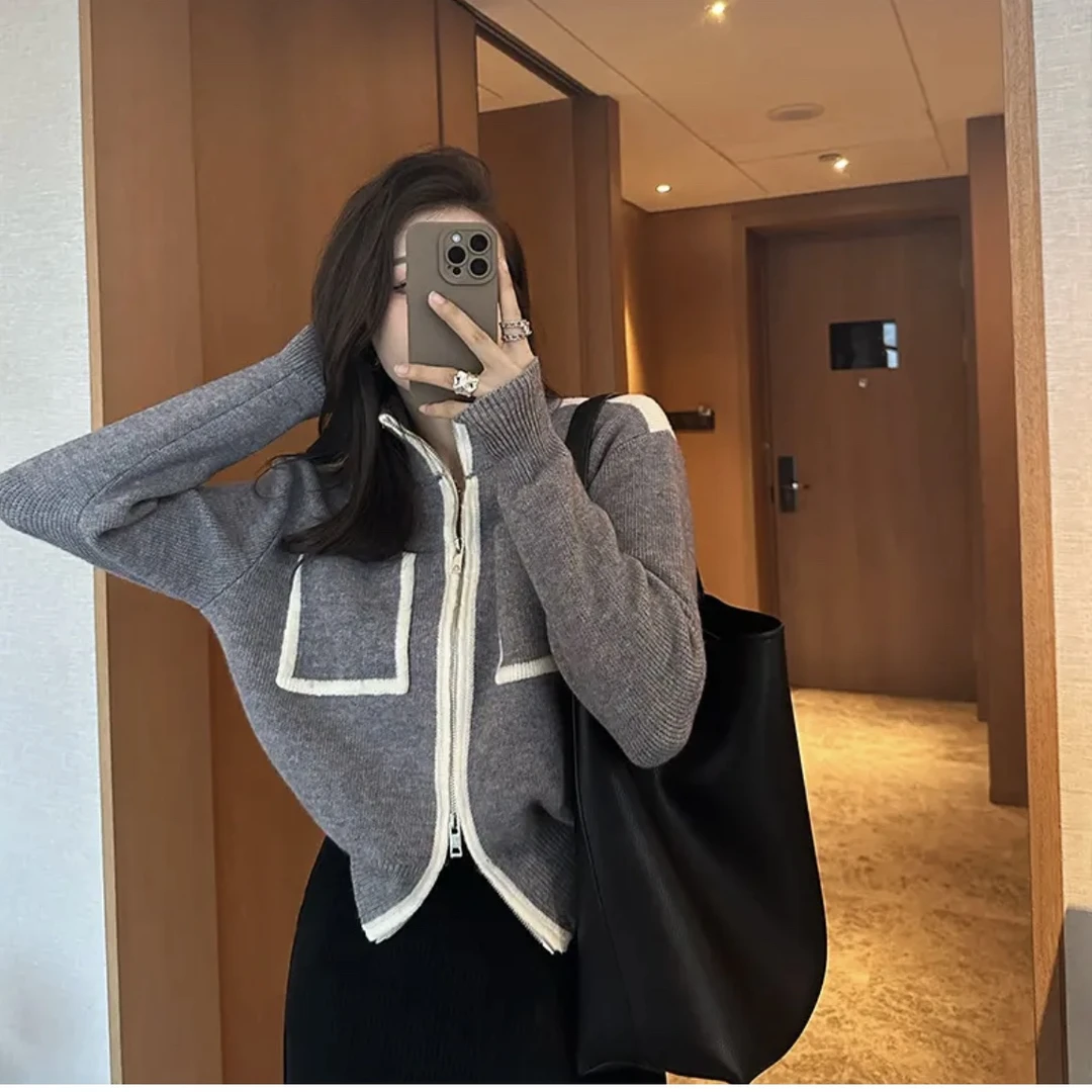 韩版秋冬款双头拉链针织开衫女小香风设计感小众外穿毛衣短款外套