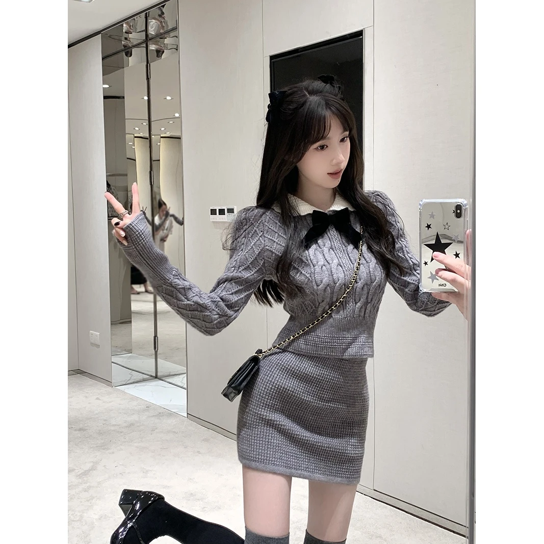 复古时尚针织套装女蝴蝶结毛衣上衣秋冬半身裙气质减龄甜辣两件套