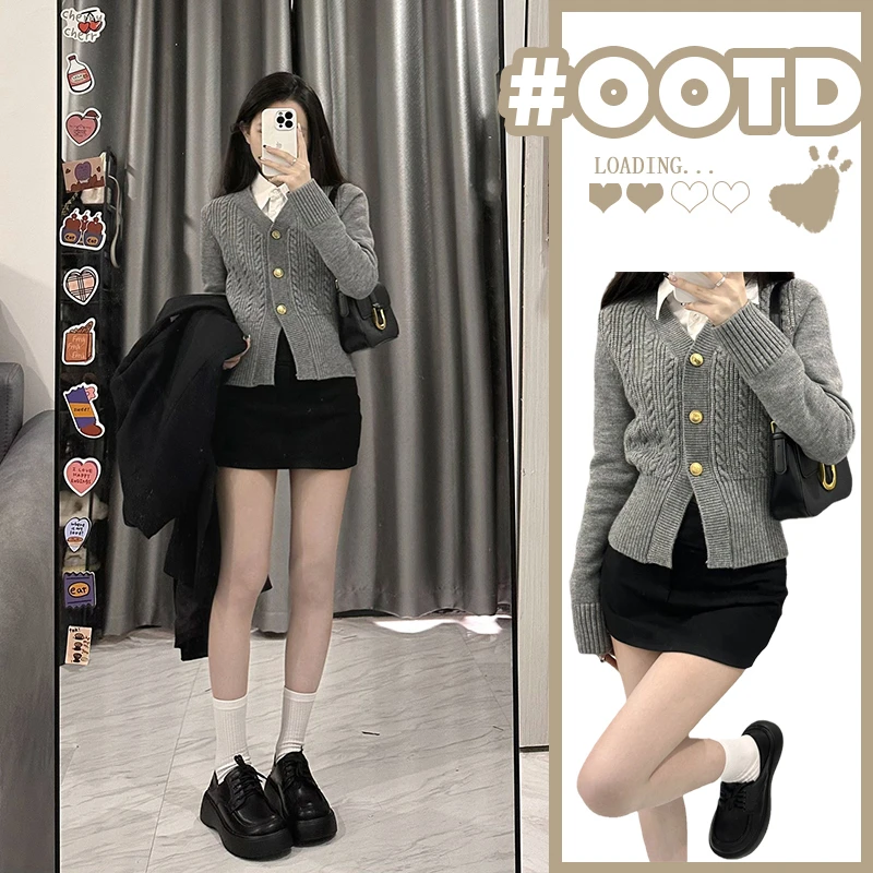 灰色毛衣开衫学院风外套女春秋季2023新款修身显瘦V领针织衫上衣