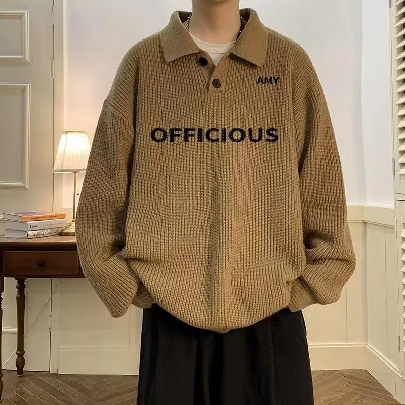 日系慵懒风长袖Polo领毛衣男美式复古高级感oversize内搭针织衫冬