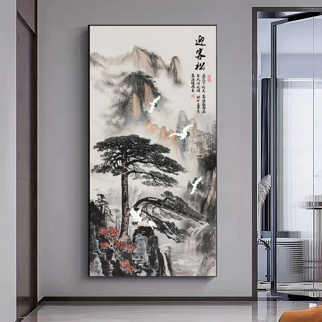 迎客松入户玄关装饰走廊过道带灯挂画晶瓷镶钻竖款壁画正对入户门