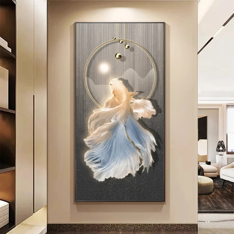 玄关装饰画现代锦鲤画高档走廊高级感客厅背景轻奢大气入户不带灯
