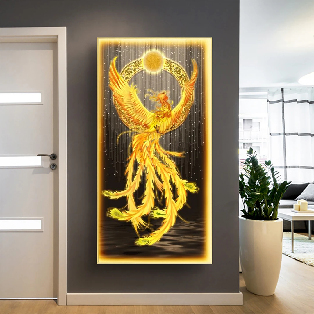 新中式凤凰带灯玄关装饰画高端大气轻奢挂画晶瓷镶钻壁画立体质感
