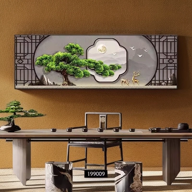 新中式迎客松客厅装饰高端全新沙发背景墙挂画茶室办公室晶瓷壁画