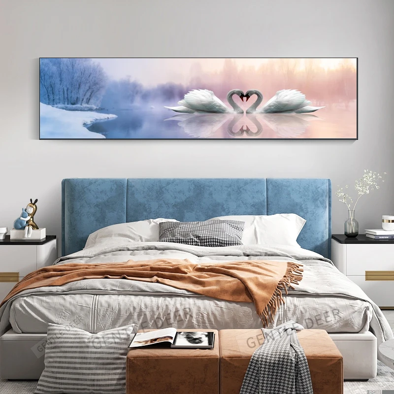 北欧轻奢天鹅卧室装饰画简约高级感主卧床头晶瓷挂画酒店民宿壁画