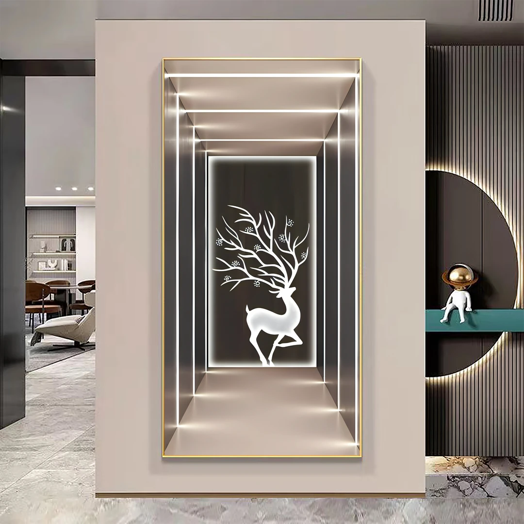 轻奢高端福鹿入户门玄关装饰画走廊过道尽头挂画延伸视觉带灯挂画