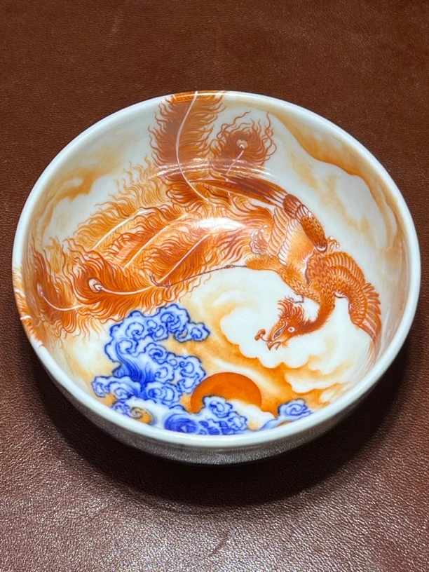 余寅窑 余国旺造 青花矾红丹凤朝阳缸型主人杯 口径9