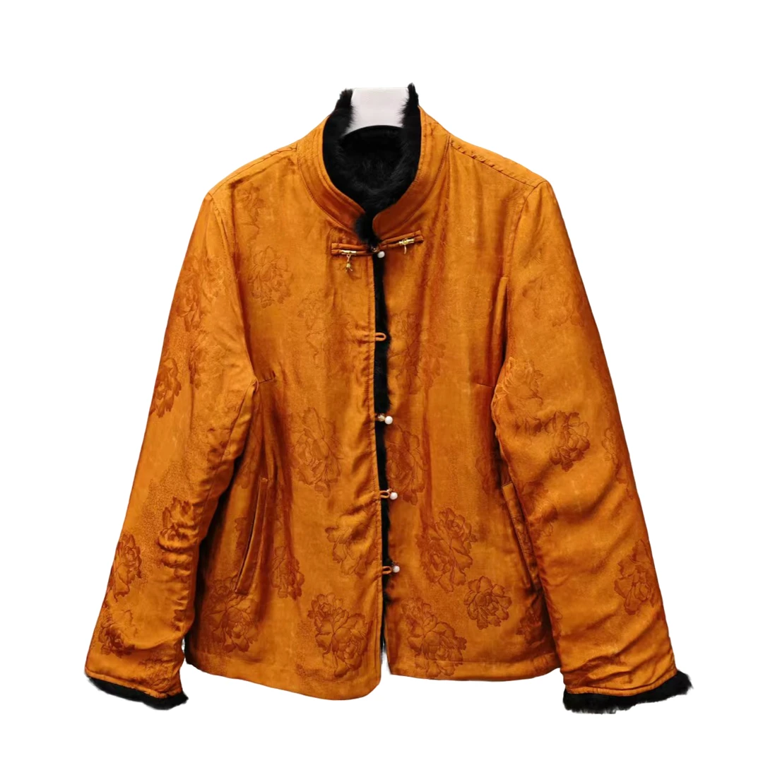 【杭云社】2024秋冬新款国风时尚版暖和丝滑双面穿女士兔毛上衣外套