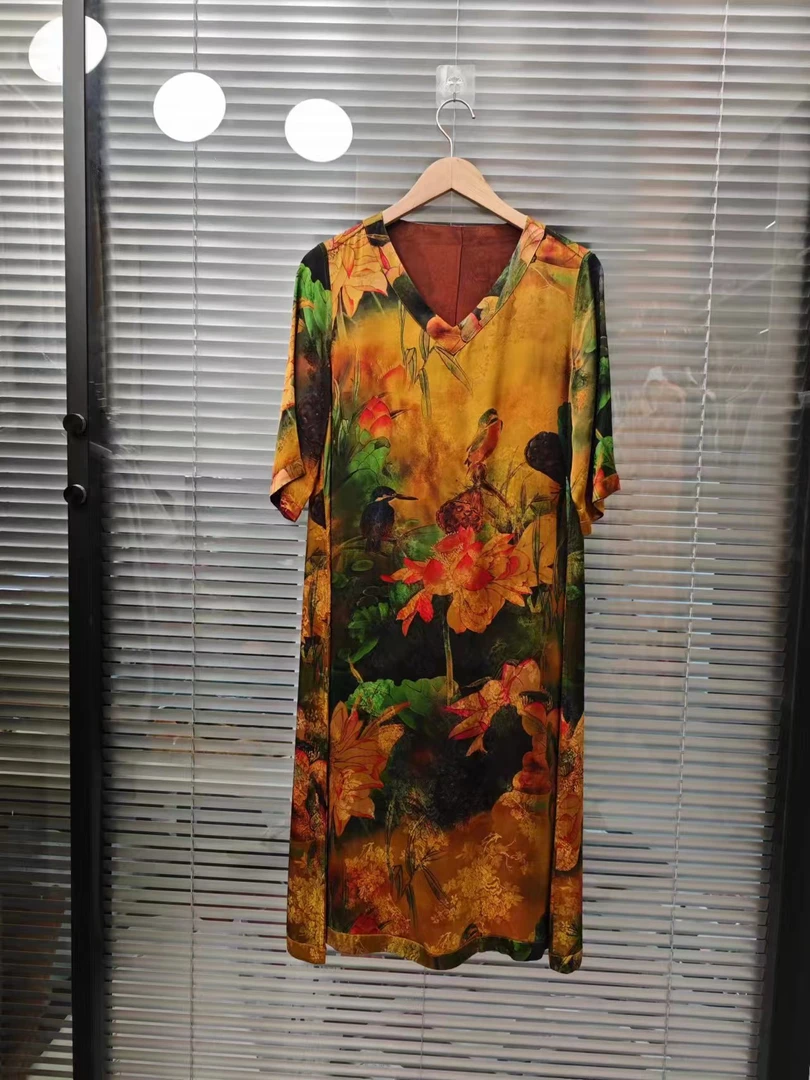 [杭云社]好事莲莲典藏老料红云纱提花气质V领双面穿连衣裙网红