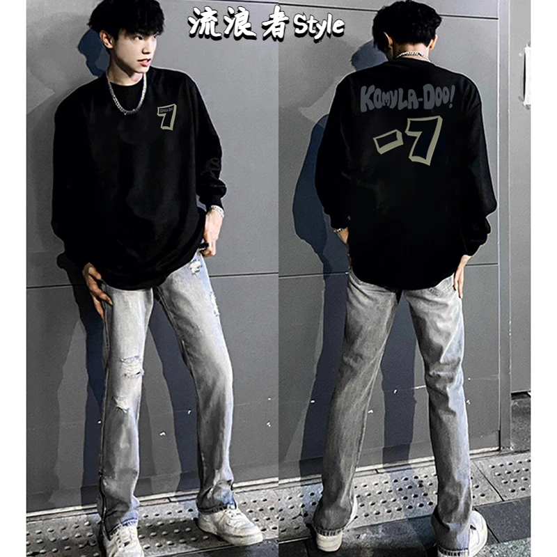 秋冬新款男纯棉长袖圆领T恤韩版宽松ins印花百搭高街潮流打底上衣